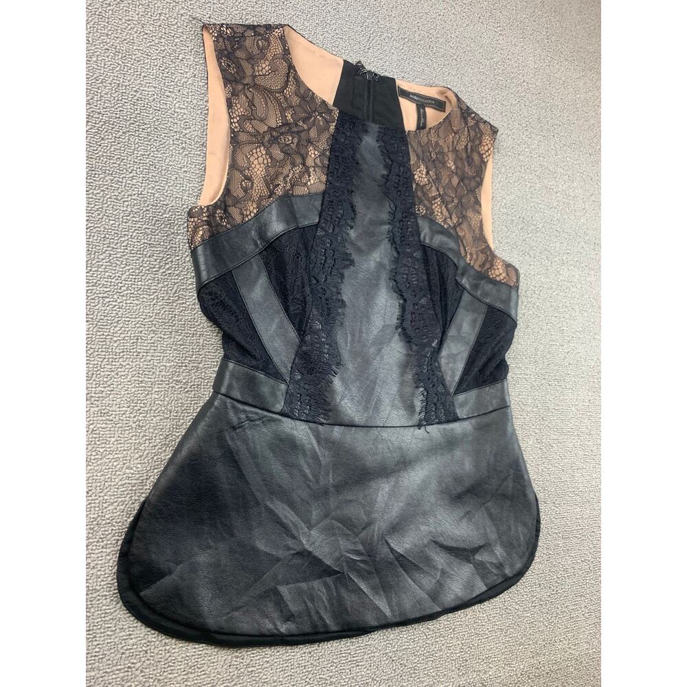BCBGMAXAZRIA‎ Women XXS Faux Leather Black Lace Peplum Top - Picture 11 of 12